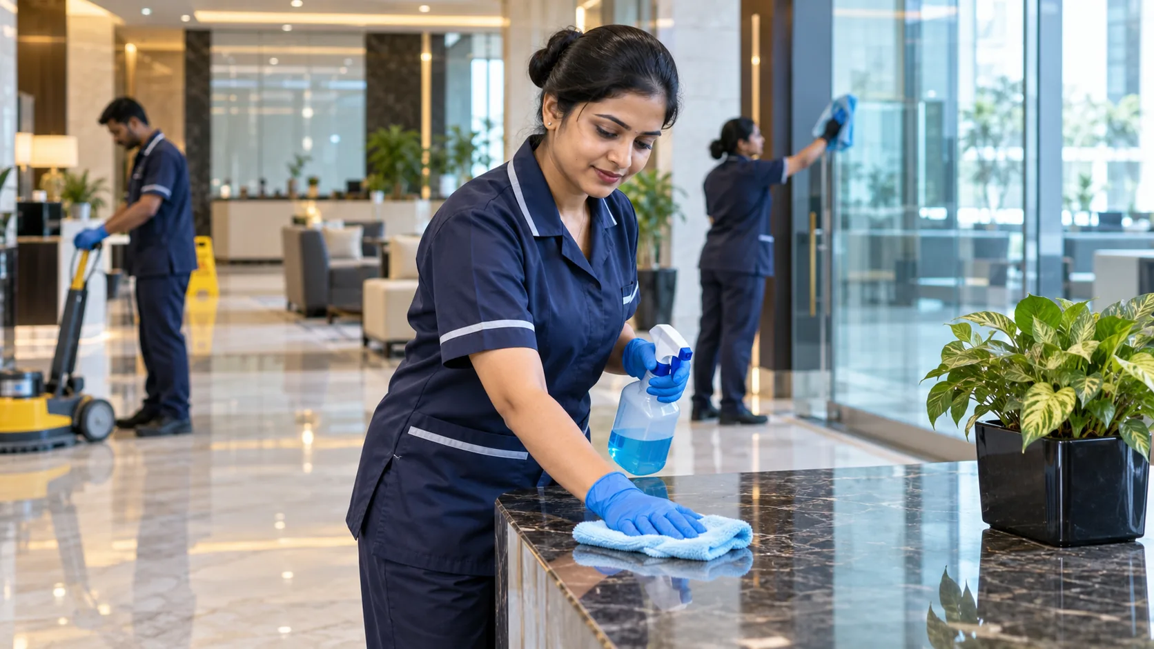 Indian housekeeping employee in a modern facility